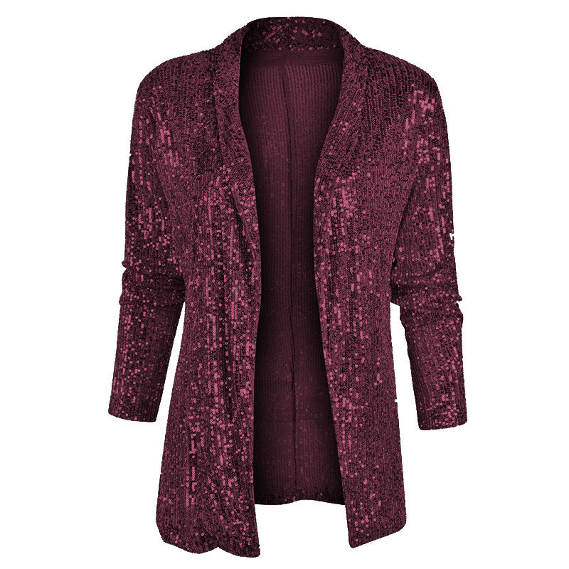 Cross-Border New European and American Amazon Sequined Long-Sleeved Elegant Mid-Length Small Suit Lapel Pure Color Jacket for Women