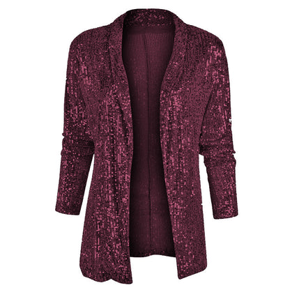 Cross-Border New European and American Amazon Sequined Long-Sleeved Elegant Mid-Length Small Suit Lapel Pure Color Jacket for Women