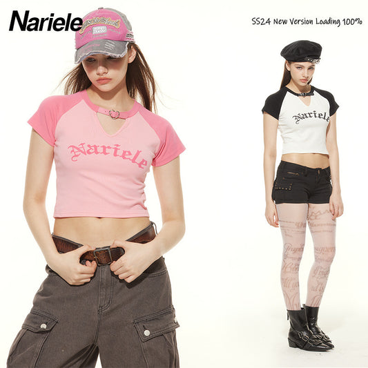 HeyHenry European and American Spice Girls Fashion Hollow Design Letter Print Contrast Color Short-sleeved T-shirt Women's Navel Top