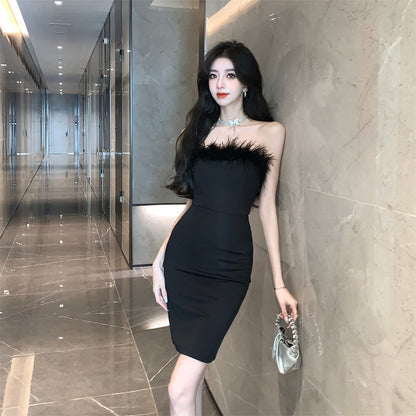 Pure Desire Sexy Spice Girl Strapless dress Slim-fit Waist Base Skirt Stitching Mao Mao Wrap Hip Skirt Autumn and Winter