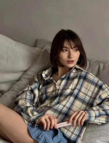 2024 Spring and Autumn Amazon OZON Cross-border Retro Style All-match Loose Shirt * Fashion All-match Plaid Shirt Women