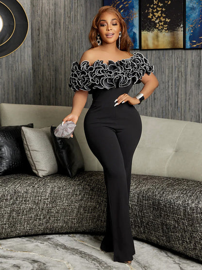 C8593 Cross-border Women's 2024 New Shoulder Collar Ruffled Sexy High Waist Solid Color African jumpsuit