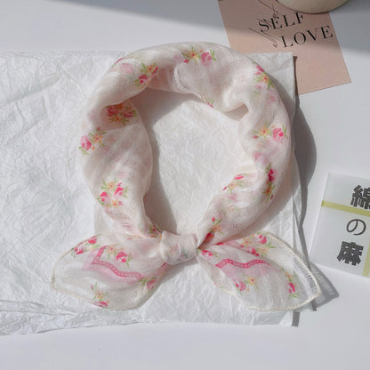 Upgraded Japanese cotton and linen square scarf 58x58 breathable all-match pastoral style floral photo matching scarf headscarf for women