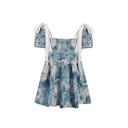 Floral dress Women's Summer French Style Elegant Short Waisted Skirt Niche Tutu Skirt Design Sense Sweet Puff Sleeve Skirt