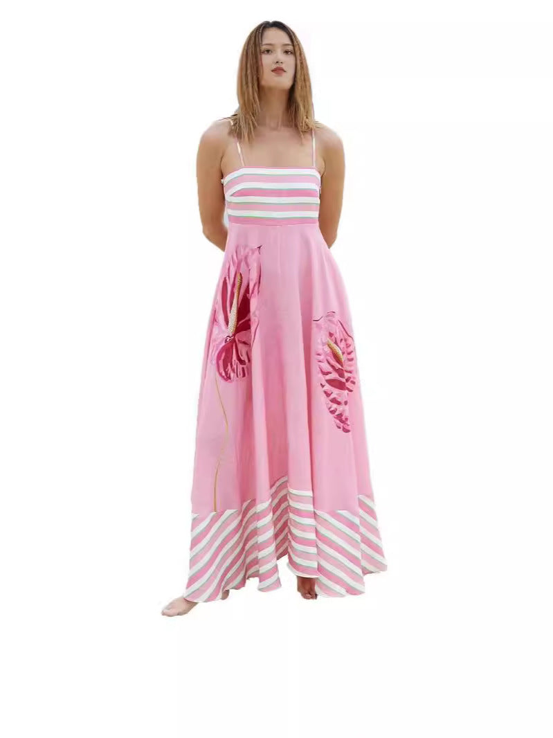 2024 Summer New European and American Cross-border Independent Station Sexy Sling Elegant Printed Striped High Waist Large Swing dress