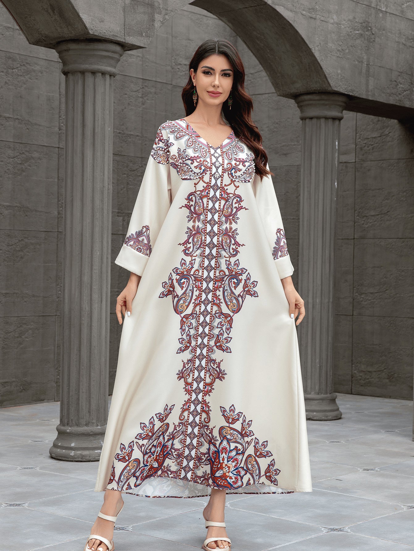 Sw0826 Middle East Cross-Border Muslim Women's Robe Elegant Printed Beaded Dress Dubai Export Abaya