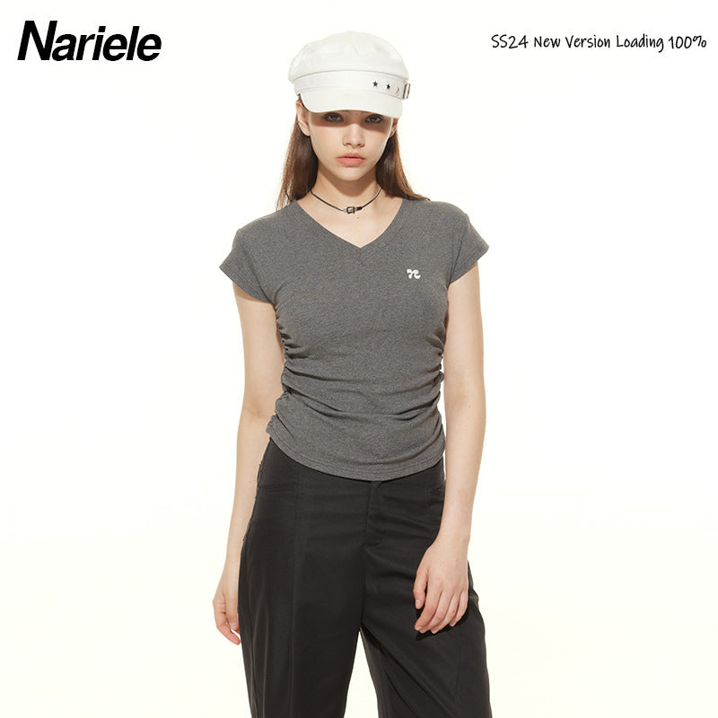 Heyhenry 2025 Summer Pleated Short-Sleeved T-Shirt Women's Niche Design Sexy Short Pinch Waist Niche Top