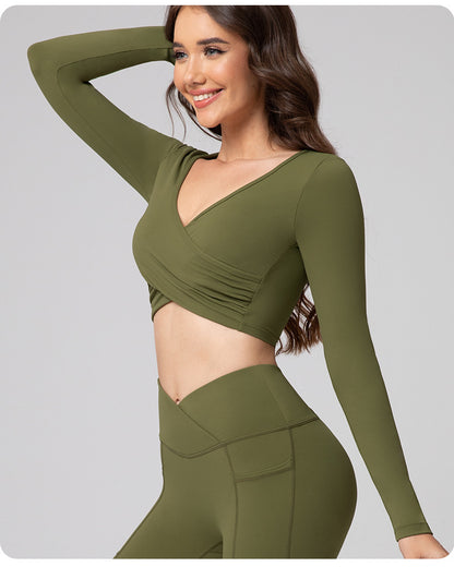 Feiyue European and American Sexy Cross Deep V Short Leaky Waist Solid Color Fitness Sports Leisure Long Sleeve Yoga Clothes Top for Women