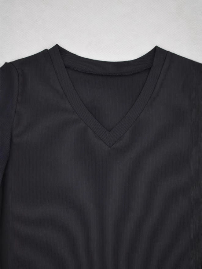 Solid Color Ribbed Pit V-Neck Short-Sleeve Tee