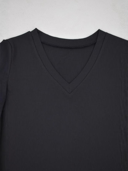 Solid Color Ribbed Pit V-Neck Short-Sleeve Tee
