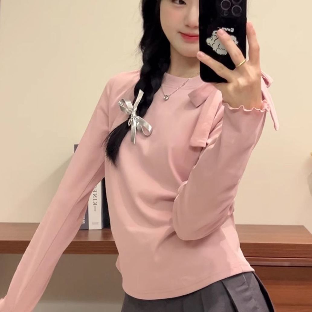 Bow Strap Long-sleeved Korean Style Chic Autumn and Winter New Top Sweet Pure Style Tight Waist Slim Fit Pleated Top