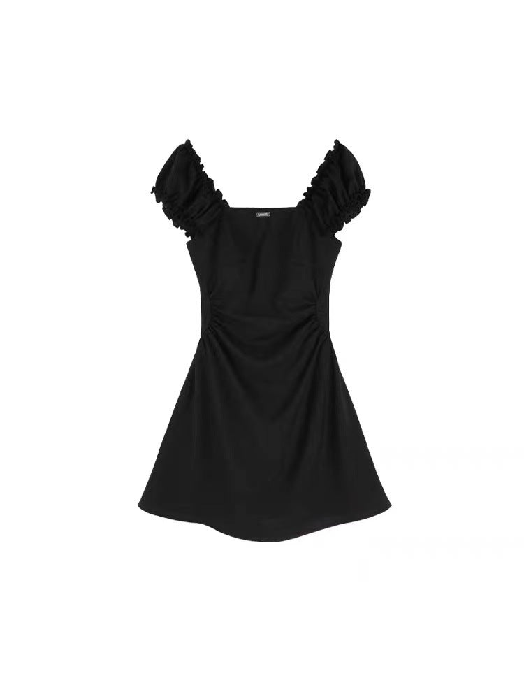 Black Waist-Cinching Slimming Square-Neck Dress for Women 2026 New Summer French Hepburn Style Elegant A-Line Short Skirt