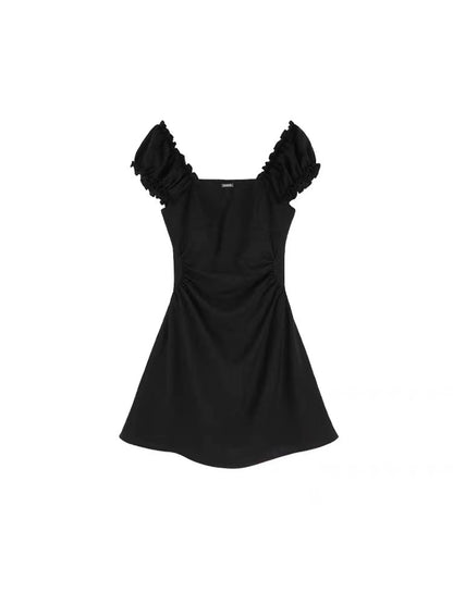 Black Waist-Cinching Slimming Square-Neck Dress for Women 2026 New Summer French Hepburn Style Elegant A-Line Short Skirt