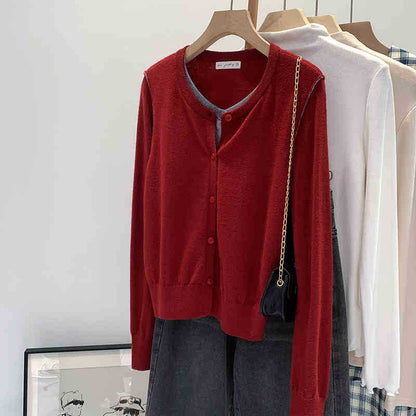 Beautiful V-neck Fake Two-piece Sleeve Knitted Cardigan Jacket Women's 2024 Autumn and Winter Western Style Unique Chic Slim Small Top