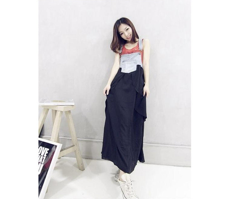 2024 Summer New Korean Style plus size Loose Fashionable Casual Denim Stitching Chiffon Strap Denim dress Women