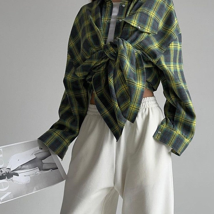 2024 Spring and Autumn Amazon OZON Cross-border Retro Style All-match Loose Shirt * Fashion All-match Plaid Shirt Women