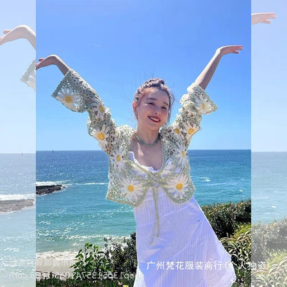 Korean Cut Out Sweet Heavy Industry Daisy V Neck Lace-Up Short Knitwear Cardigan Summer Sexy Sexy Long-Sleeved Jacket
