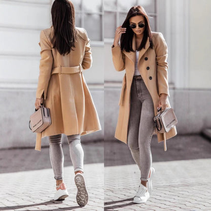 2026 Autumn/Winter European and American New Cross-Border Women's Clothing Amazon Woolen Coat Solid Color Tie-Up Mid-Length Woolen Jacket