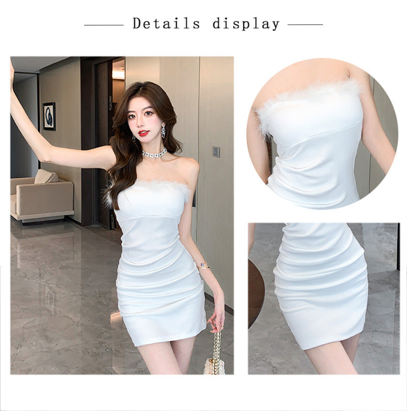 Pure Desire Sexy Spice Girl Strapless dress Slim-fit Waist Base Skirt Stitching Mao Mao Wrap Hip Skirt Autumn and Winter