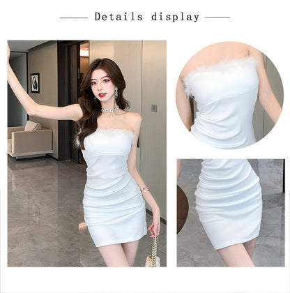 Pure Desire Sexy Spice Girl Strapless dress Slim-fit Waist Base Skirt Stitching Mao Mao Wrap Hip Skirt Autumn and Winter
