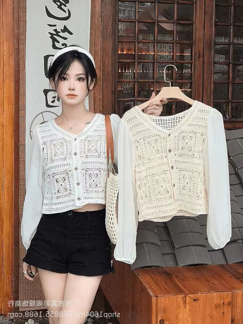 Spring and Summer All-match Sunscreen Stitching Chiffon Cardigan Long-sleeved Puff-sleeved Women's Niche Top Loose Western-style Coat