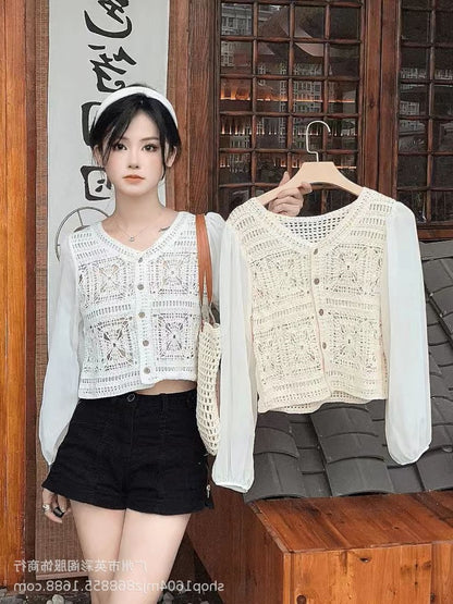 Spring and Summer All-match Sunscreen Stitching Chiffon Cardigan Long-sleeved Puff-sleeved Women's Niche Top Loose Western-style Coat