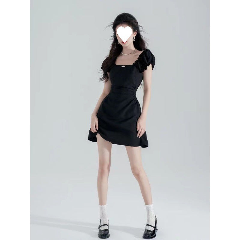 Black Waist-Cinching Slimming Square-Neck Dress for Women 2026 New Summer French Hepburn Style Elegant A-Line Short Skirt