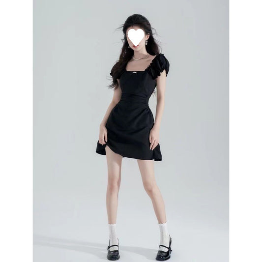 Black Waist-Cinching Slimming Square-Neck Dress for Women 2026 New Summer French Hepburn Style Elegant A-Line Short Skirt