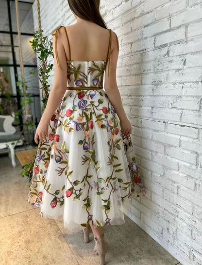 2025 Cross-Border New European and American Clothing Dress One-Shoulder Tube Top Embroidered Elegant Slim Mesh Long Skirt