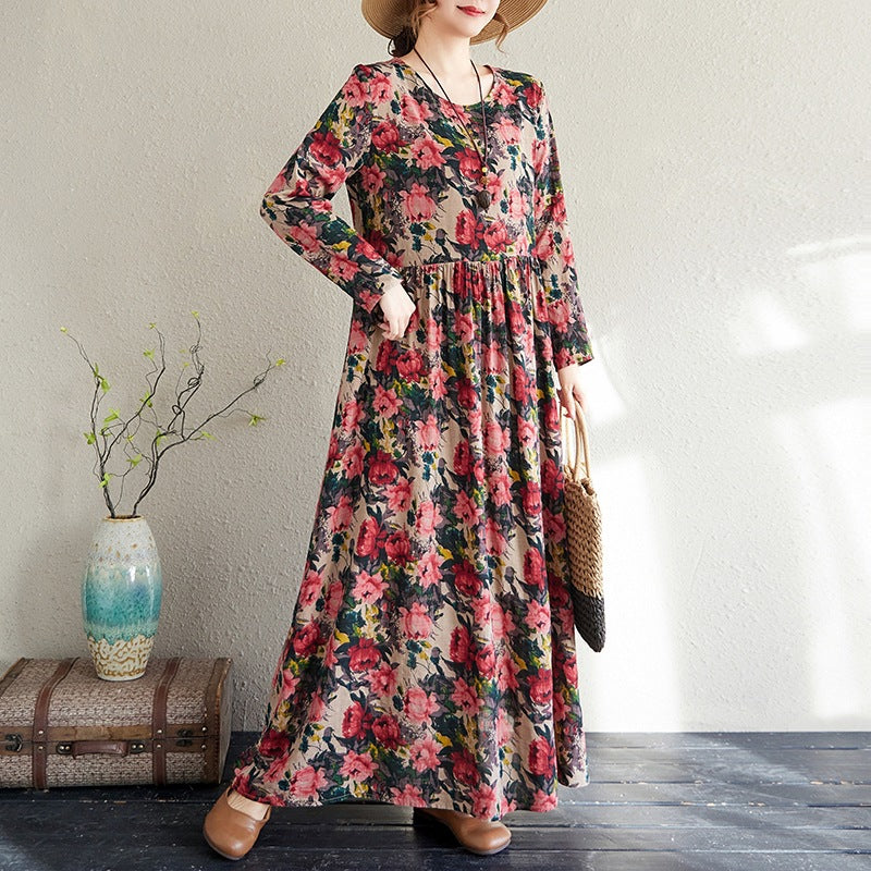 2025 Early Spring New Style Color Holiday Style Travel Crewneck Long Sleeve Retro Long Dress Women's Mat Covering Cotton and Linen dress
