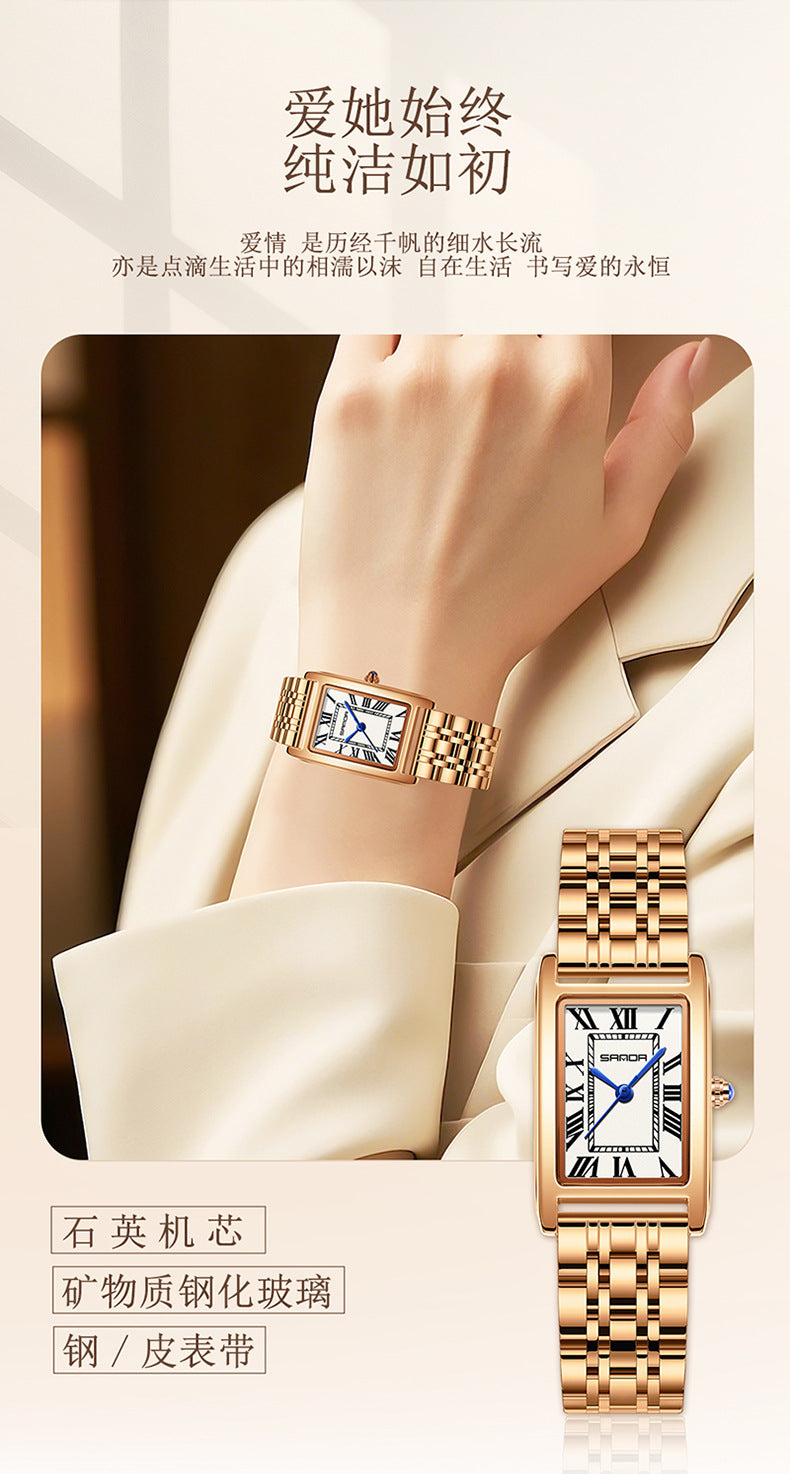 Sanda Live Hot Couple Watch Vintage Square Quartz Watch Waterproof Roman Scale Men's and Women's Watches