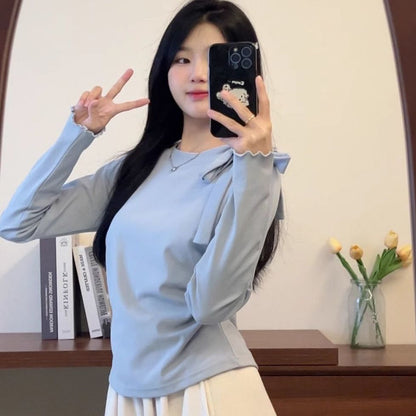 Bow Strap Long-sleeved Korean Style Chic Autumn and Winter New Top Sweet Pure Style Tight Waist Slim Fit Pleated Top