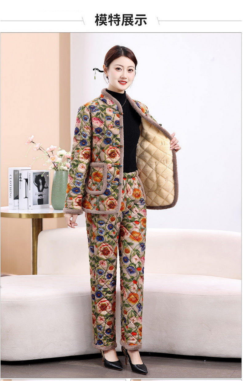 Chinese Style Mother's Winter New fleece-lined Thickened Cotton-padded Coat suit Middle-aged Women's Cotton-padded Clothes Cotton Pants Warm Two-piece Set