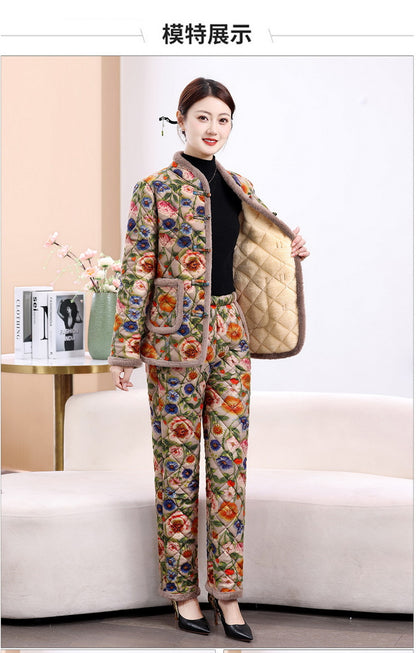 Chinese Style Mother's Winter New fleece-lined Thickened Cotton-padded Coat suit Middle-aged Women's Cotton-padded Clothes Cotton Pants Warm Two-piece Set
