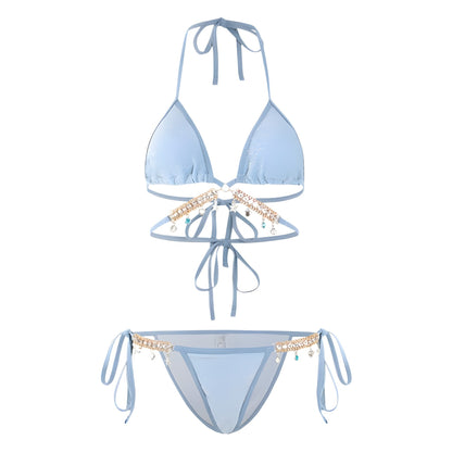 Swimsuit Female Mermaid Diamond Chain European and American Pure Lust Style Strap Triangle Bikini Three-Point Ins Sexy Vacation Swimsuit