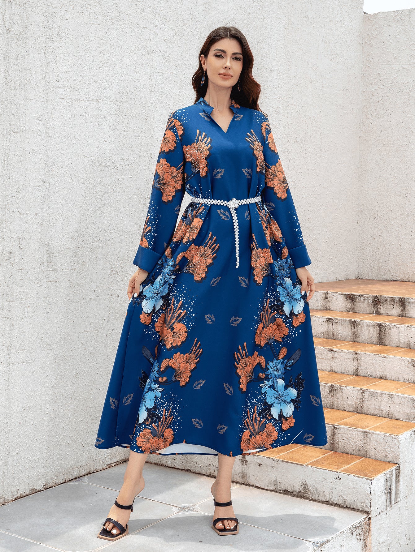 Sw0839 Middle Eastern Cross-Border Muslim Ladies Robe Printed Accessible Luxury Pearl Belt Jumabiya Dress