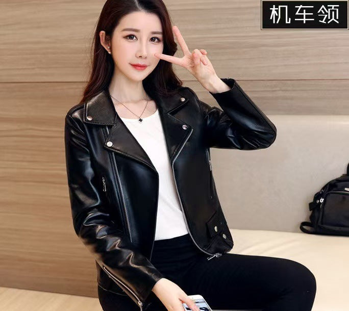 2025 Spring and Autumn New Korean Style Short Women's Pu Women's Large Size Leather Jacket Slim Motorcycle Jacket Small Leather Jacket
