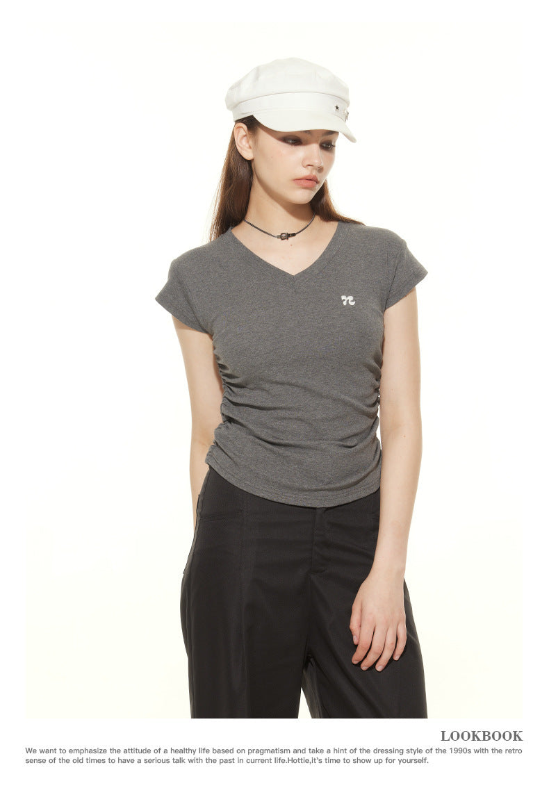 Heyhenry 2025 Summer Pleated Short-Sleeved T-Shirt Women's Niche Design Sexy Short Pinch Waist Niche Top