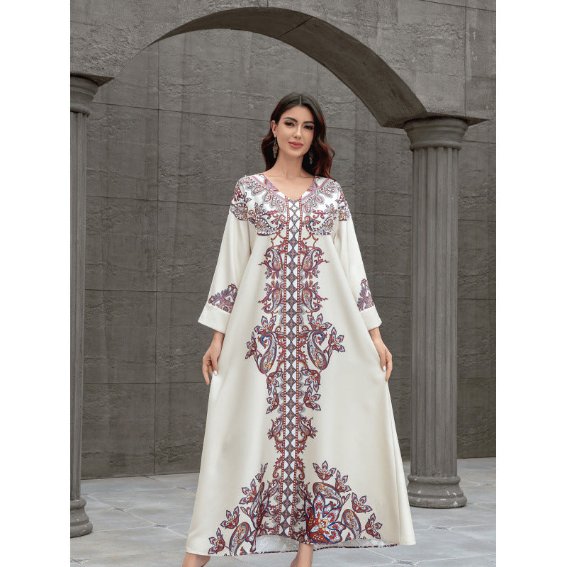 Sw0826 Middle East Cross-Border Muslim Women's Robe Elegant Printed Beaded Dress Dubai Export Abaya
