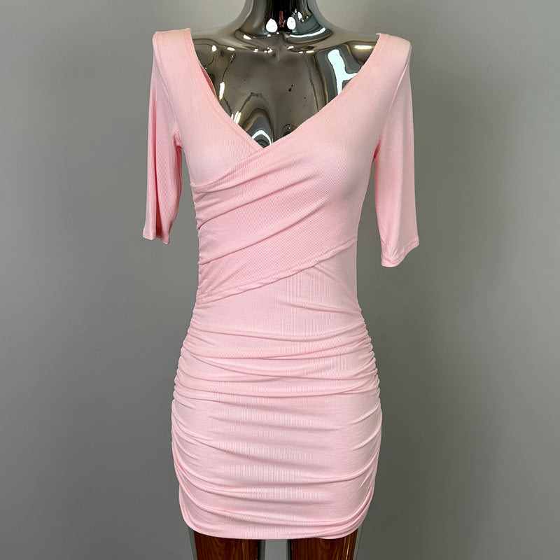 South Korea Dongdaemun New Sexy Feminine V-Neck Pleated Bag Hip Mid-Sleeve dress Figure