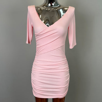 South Korea Dongdaemun New Sexy Feminine V-Neck Pleated Bag Hip Mid-Sleeve dress Figure