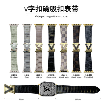 Suitable for Apple Watch 678910 Generation V-Shaped Magnetic Buckle Strap iWatch S11 Lizard Pattern Plaid Leather Wristband