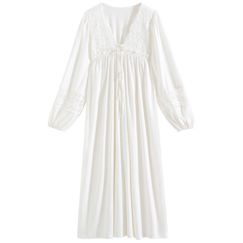 Women's long-sleeved nightdress spring cotton court style French lace princess temperament long pajamas can be worn outside home wear autumn and winter