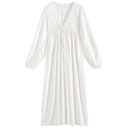 Women's long-sleeved nightdress spring cotton court style French lace princess temperament long pajamas can be worn outside home wear autumn and winter
