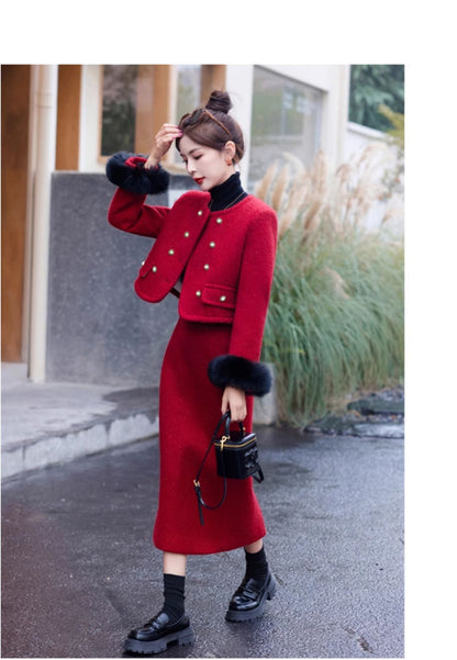 2024 Winter New Style Liner White Duck Down Jacket Real Hair Chanel Style suit Women's Light Luxury Socialite Skirt Two-piece Set