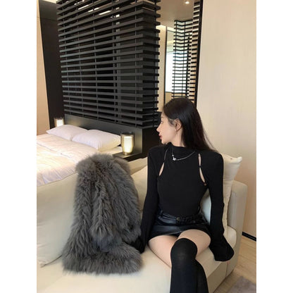Pure Desire Thread Velvet Tight Inner Half-High Neck T-Shirt Women's Spring and Autumn Design Sense Hollow Base Shirt Top