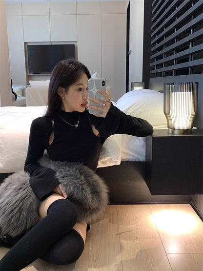 Pure Desire Thread Velvet Tight Inner Half-High Neck T-Shirt Women's Spring and Autumn Design Sense Hollow Base Shirt Top