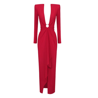 In Stock | New Cross-Border Long-Sleeve Ring-Neck European and American Women's Fashion V-Neck White and Red Long High-End Dress Wholesale.