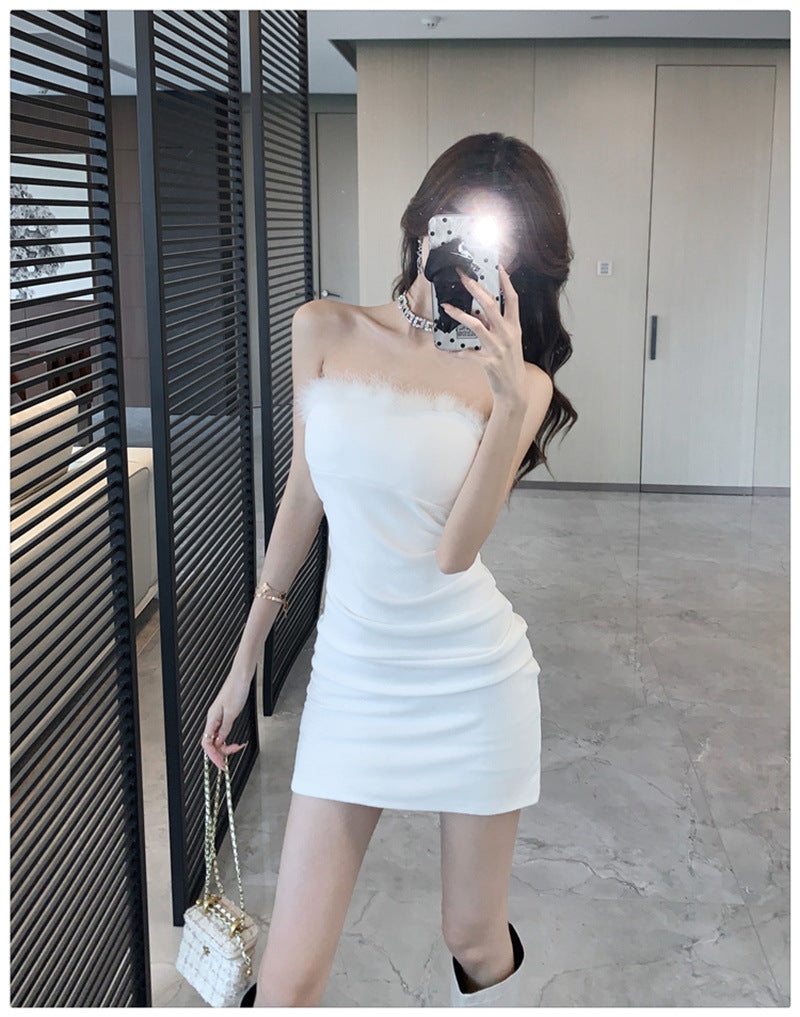 Pure Desire Sexy Spice Girl Strapless dress Slim-fit Waist Base Skirt Stitching Mao Mao Wrap Hip Skirt Autumn and Winter