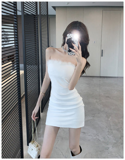 Pure Desire Sexy Spice Girl Strapless dress Slim-fit Waist Base Skirt Stitching Mao Mao Wrap Hip Skirt Autumn and Winter